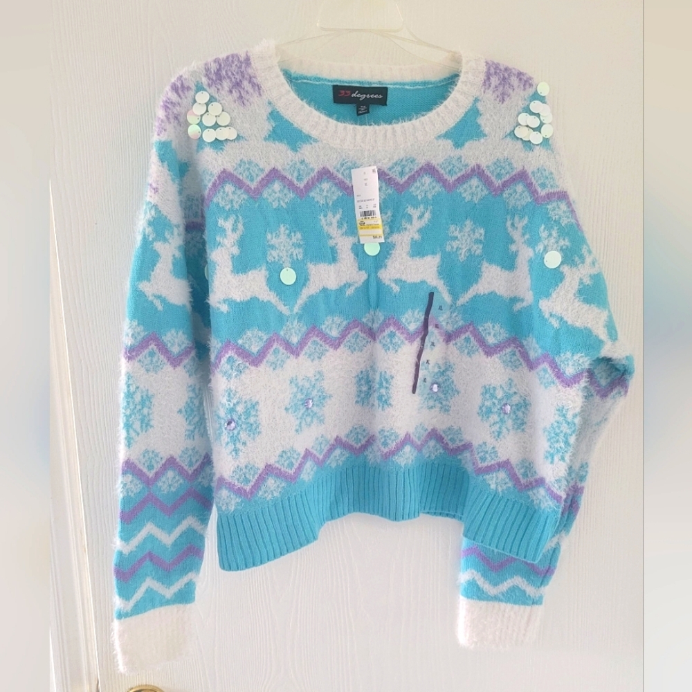 33 Degrees Ugly Christmas Sweater Womens Sz XL Holidays Blue Reindeer Sequin